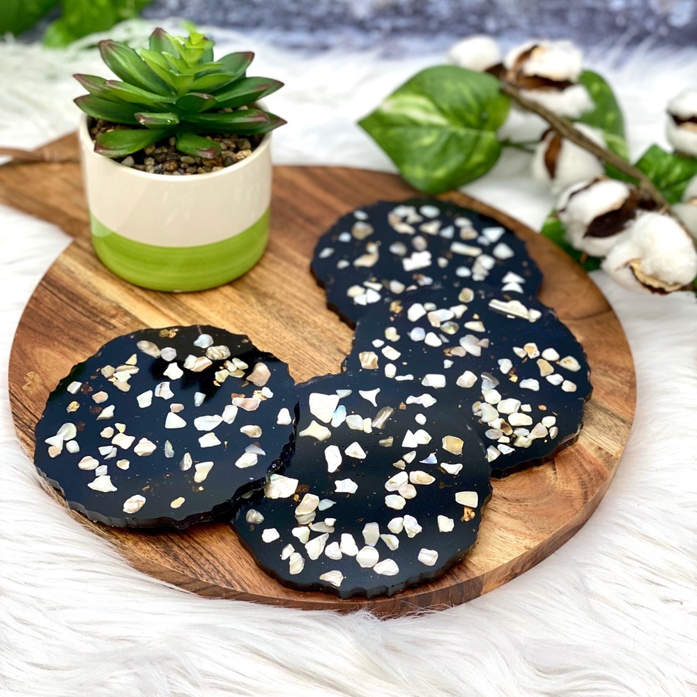 Hand-made resin coaster set - black with crushed sea shells
